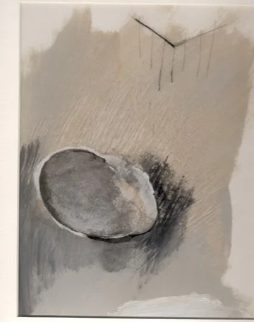 Abstract painting with a large oval shape and textured brushstrokes, featuring neutral gray and beige tones.
