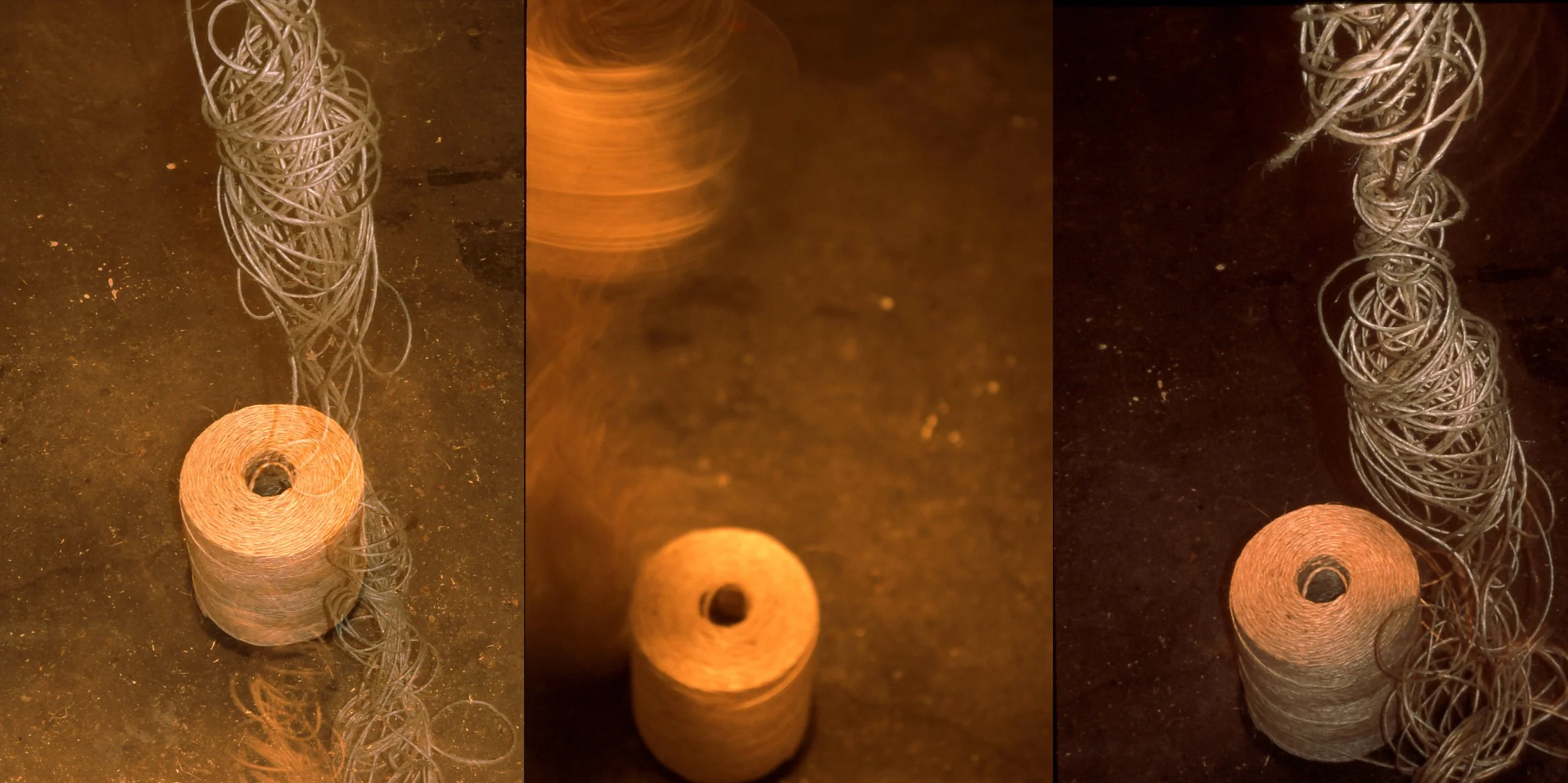 Three images showing a spool of beige string and a bundle of metal wires on a dark surface. The left and right images feature the wire bundle, while the central image shows the spool of string with a blurred background.