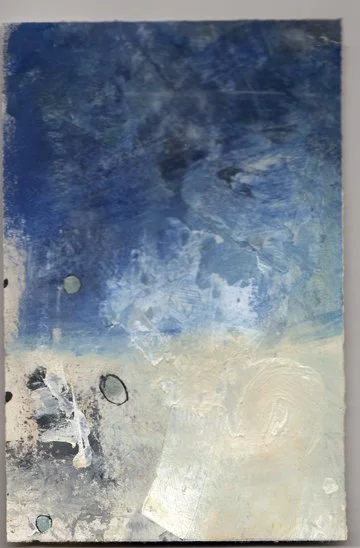 Abstract painting with a gradient from dark blue at the top to light beige at the bottom, featuring textured brushstrokes and circular shapes.