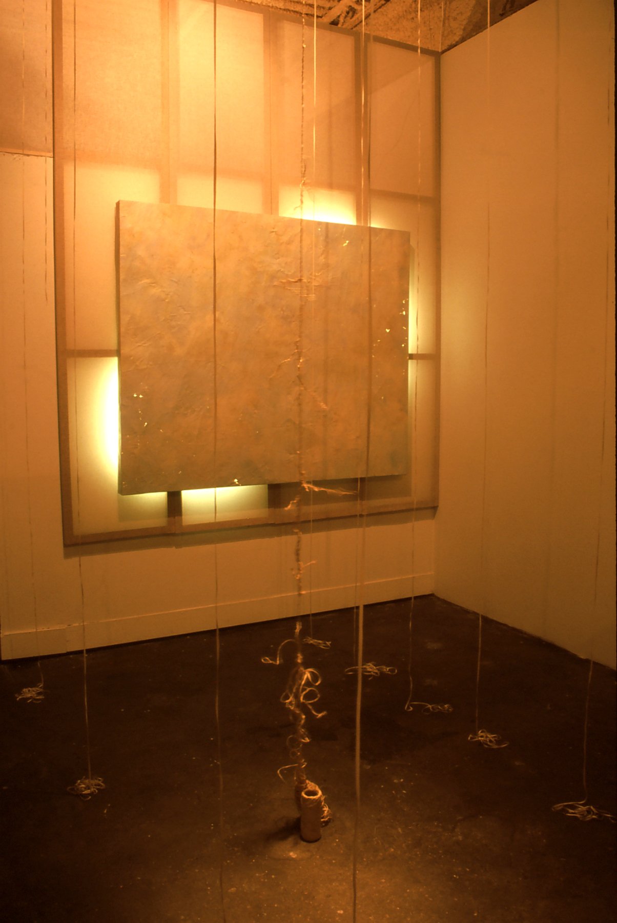 Art installation featuring illuminated rectangular panels and hanging strings or wires in a room with dark flooring and beige walls.