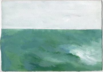 Abstract painting of a green sea or ocean with a light blue or gray sky in the background.
