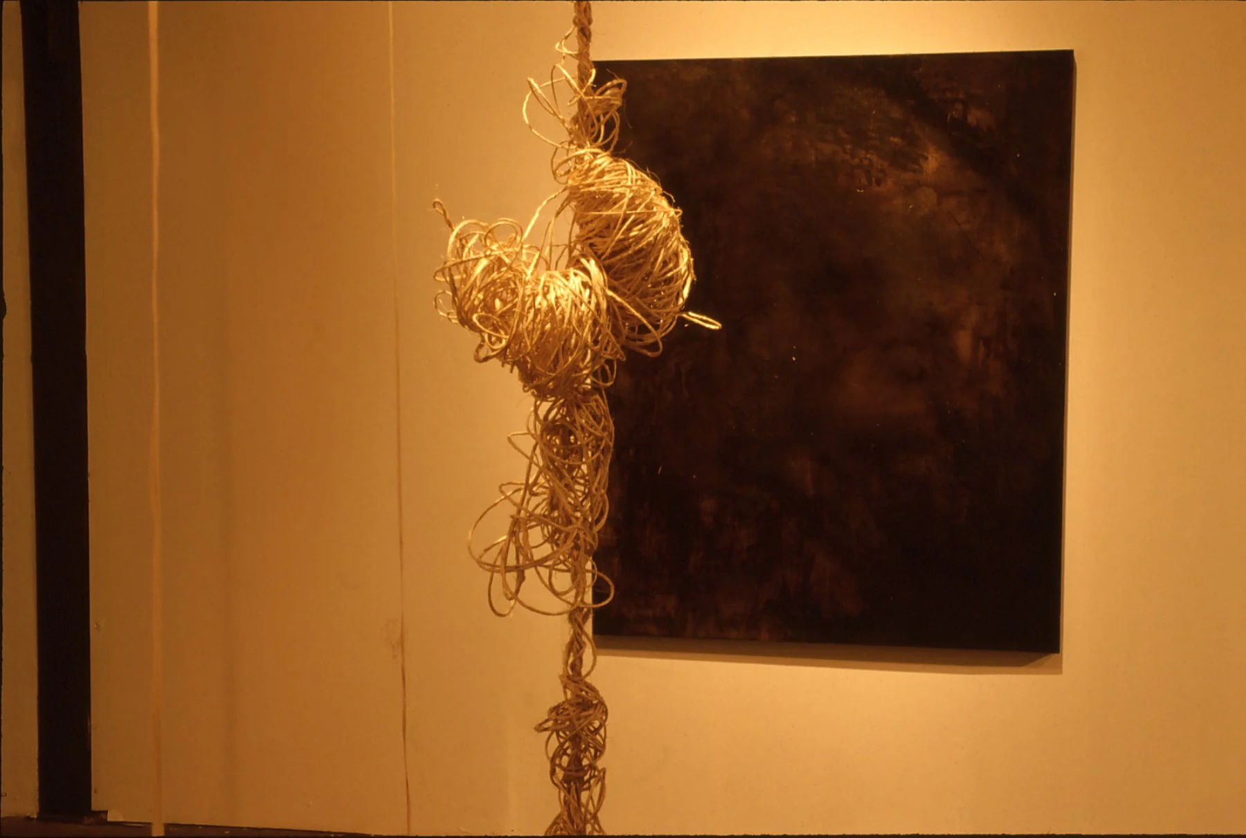 An art installation featuring a hanging sculpture made of tangled, light-colored material in front of a dark abstract painting on a beige wall.