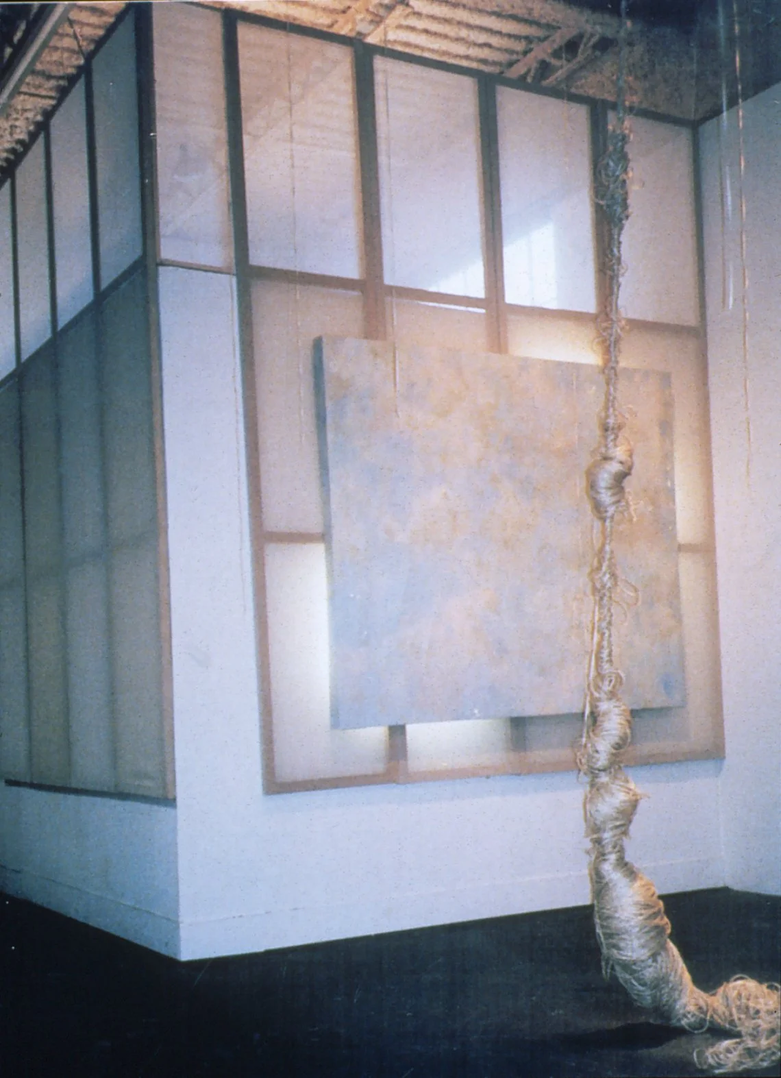 Art installation featuring a large abstract painting mounted on a wall, with a long, twisting, rope-like sculpture extending from the floor to near the ceiling.