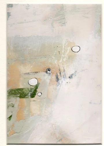 Abstract textured wall with holes and peeling paint in light colors with green and beige accents.
