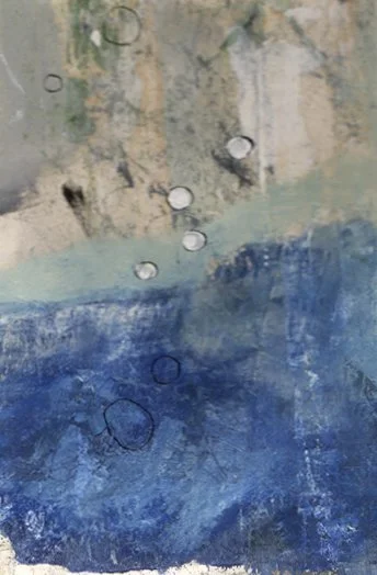 Abstract painting with blue and beige tones featuring circular markings and textured brushstrokes.
