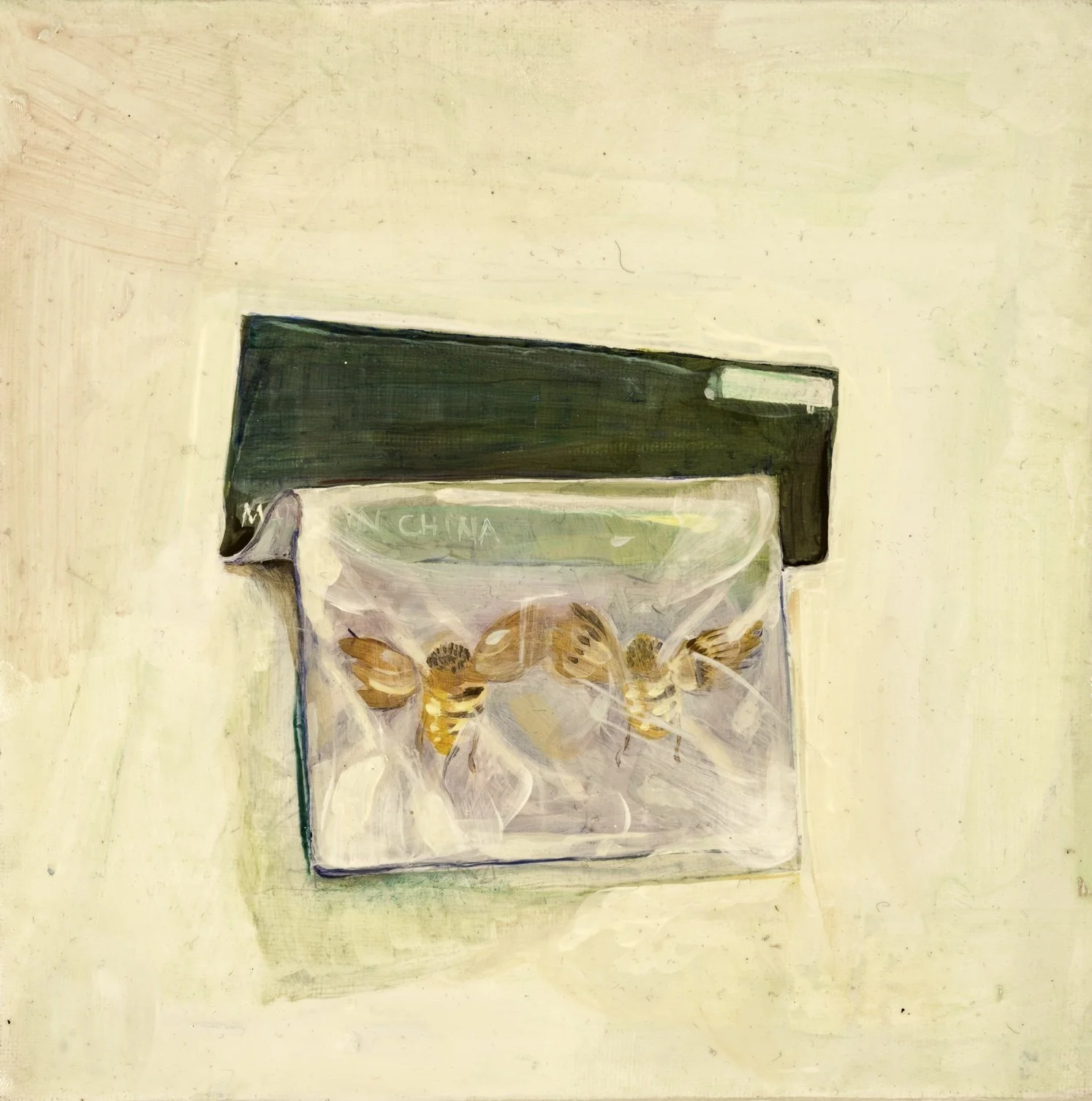 A plastic bag containing three honey bees in front of a closed green book with a white label.