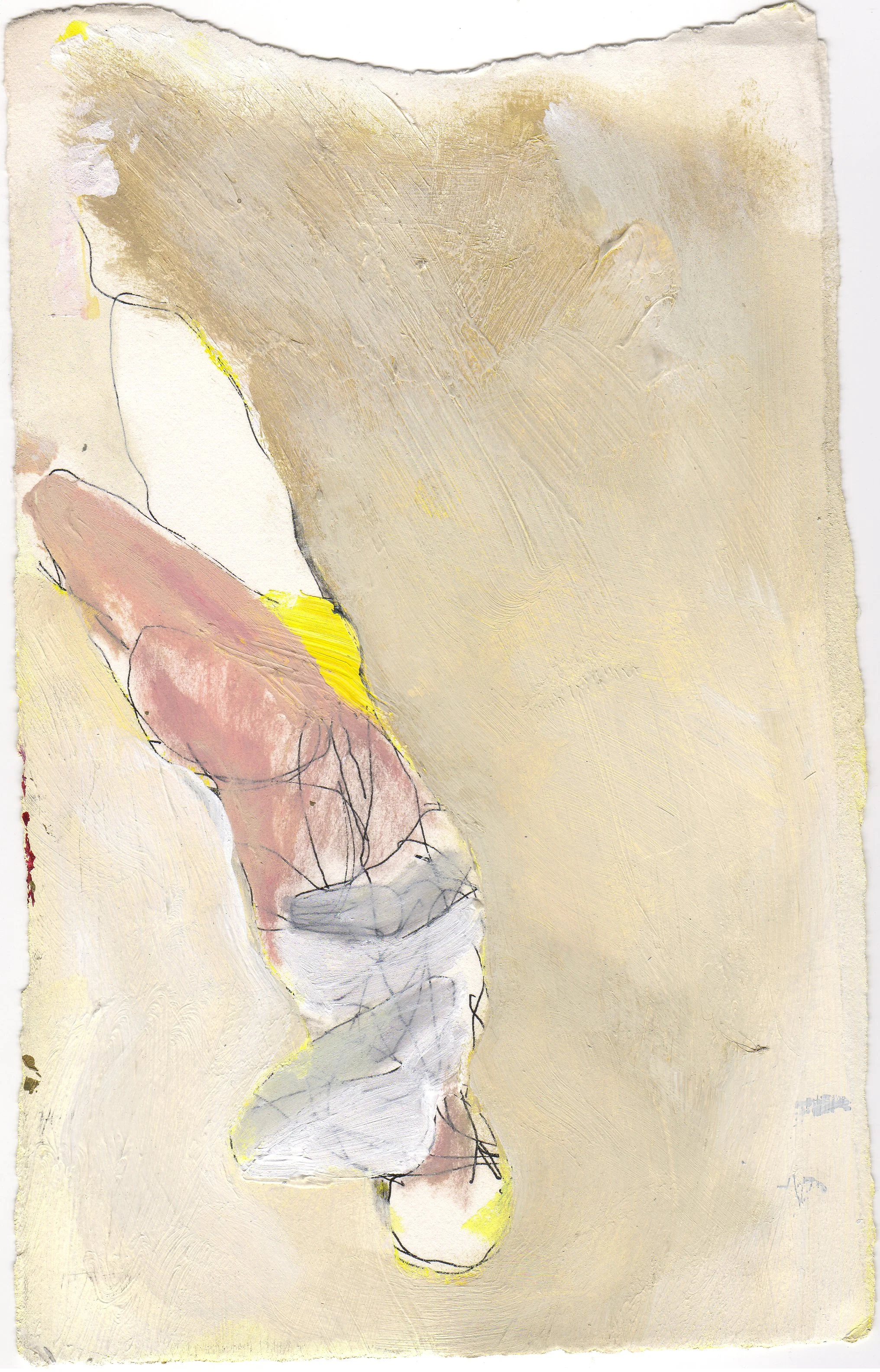 An abstract painting featuring a human figure on a beige textured background, with loose, sketchy lines and soft pastel colors.