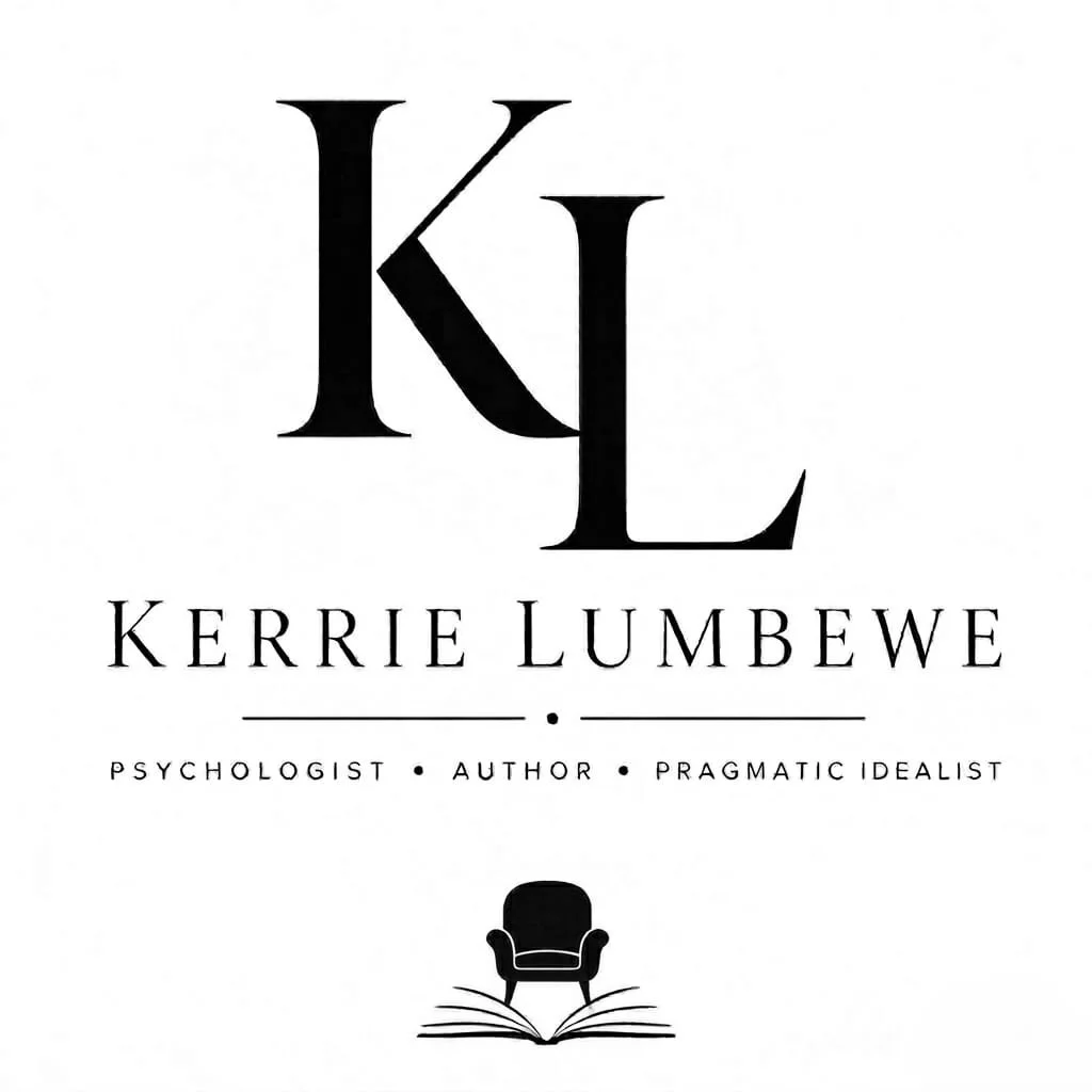 Book cover with large initials 'KL', author name 'Kerrie Lumbewe', and a graphic of an armchair on an open book
