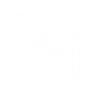 Dog food bag with paw print logo in a white line drawing.