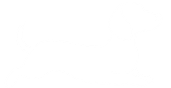 White outline drawing of a dog lying down.