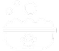 Dog bath with bubbles and paw print design in a white outline.