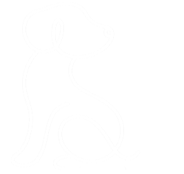White outline drawing of a sitting dog.