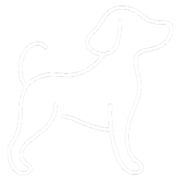 White outline illustration of a dog standing facing to the right.