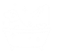 A dog taking a bubble bath in a bathtub with a showerhead overhead, bubbles around in a white line drawing.