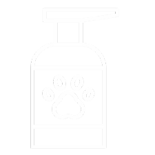 White outline of a bottle of pet shampoo with a paw print on the label.