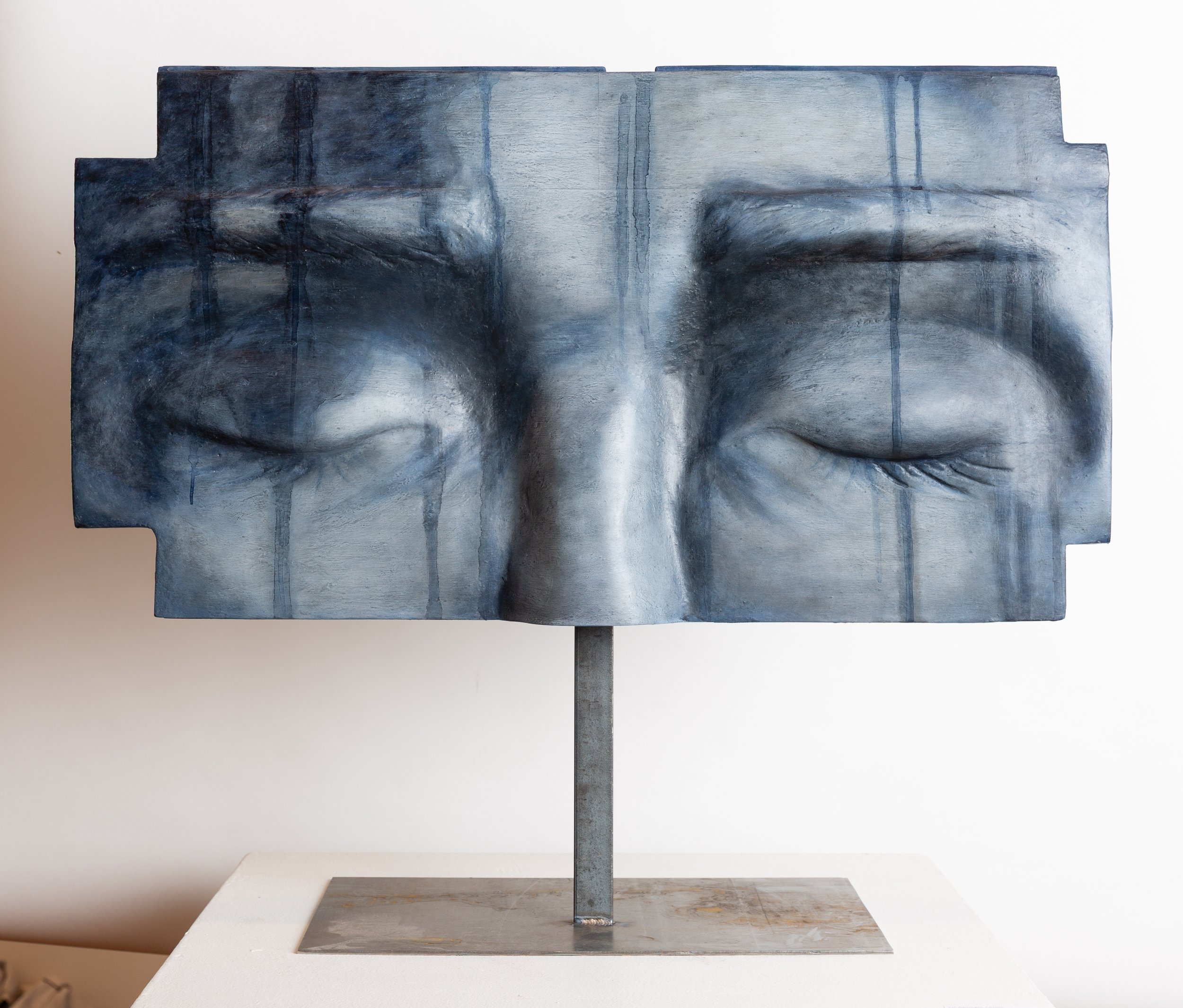 Surrendered, Rest - 17.99"x32.87"x1.97" - 2026 - hand carved spruce tone wood from the Francis Kuttner collection - chalk paint, sealers, oil paints, cold wax, detachable steel base 