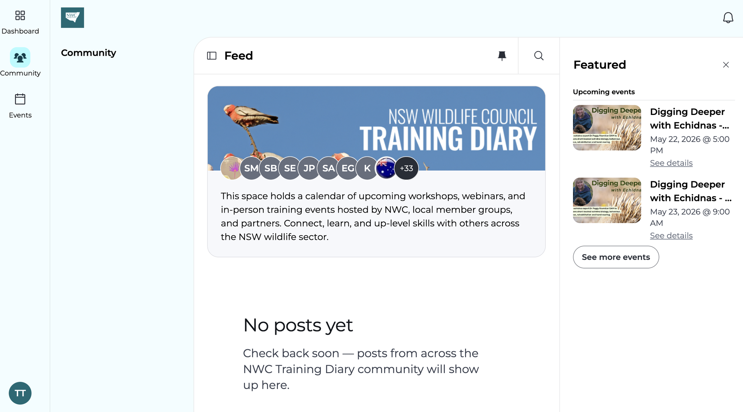 A digital screenshot of a website homepage for the NSW Wildlife Council Training Diary. It features a large banner with a bird perched on a branch against a blue sky, with text overlay reading "NSW WILDLIFE COUNCIL TRAINING DIARY." The page includes sections for community, feed, events, and featured upcoming events, with multiple event entries listed on the right side.