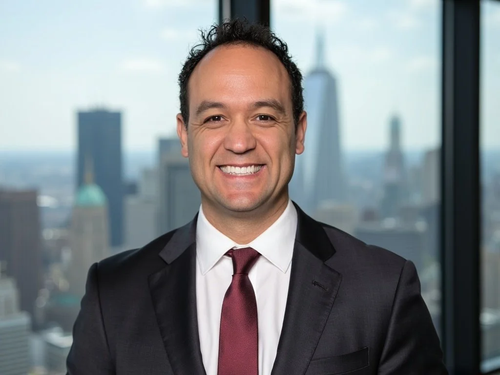 Josiah Hill Seattle in a suit, standing in an office in a skyscraper building.