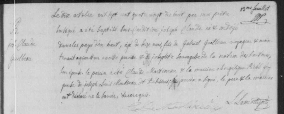 1798 Baptism - Joseph Claude
Caption: Same-day baptisms of Angelique and Joseph Claude, October 10, 1798