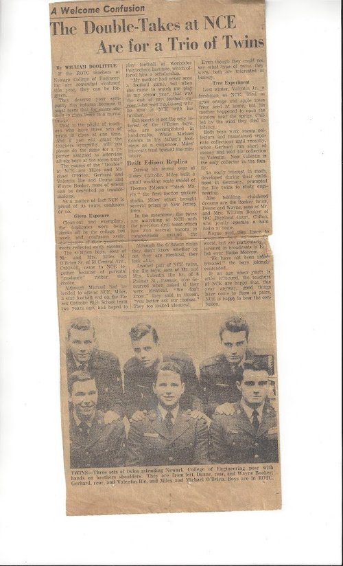 Newspaper clipping — The Double-Takes at NCE Are for a Trio of Twins, featuring Miles and Michael O'Brien