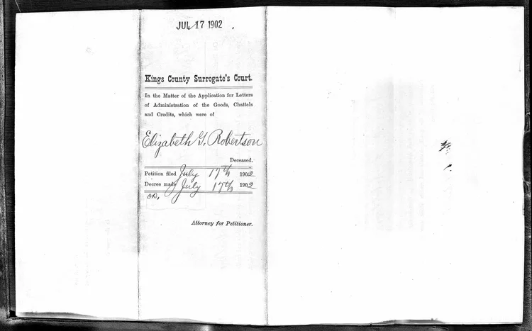 1902 probate record of Elizabeth G. Robertson, page 1