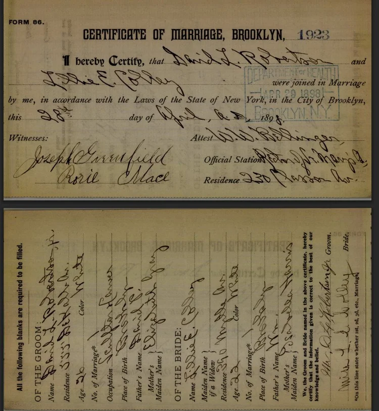1892 marriage record, David Lincoln Robertson