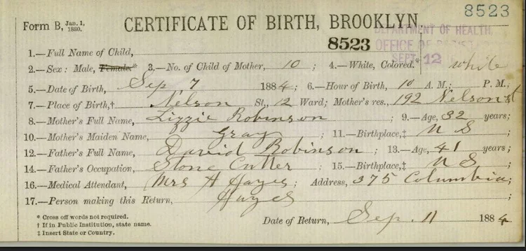 1884 birth record for Joseph Robertson
