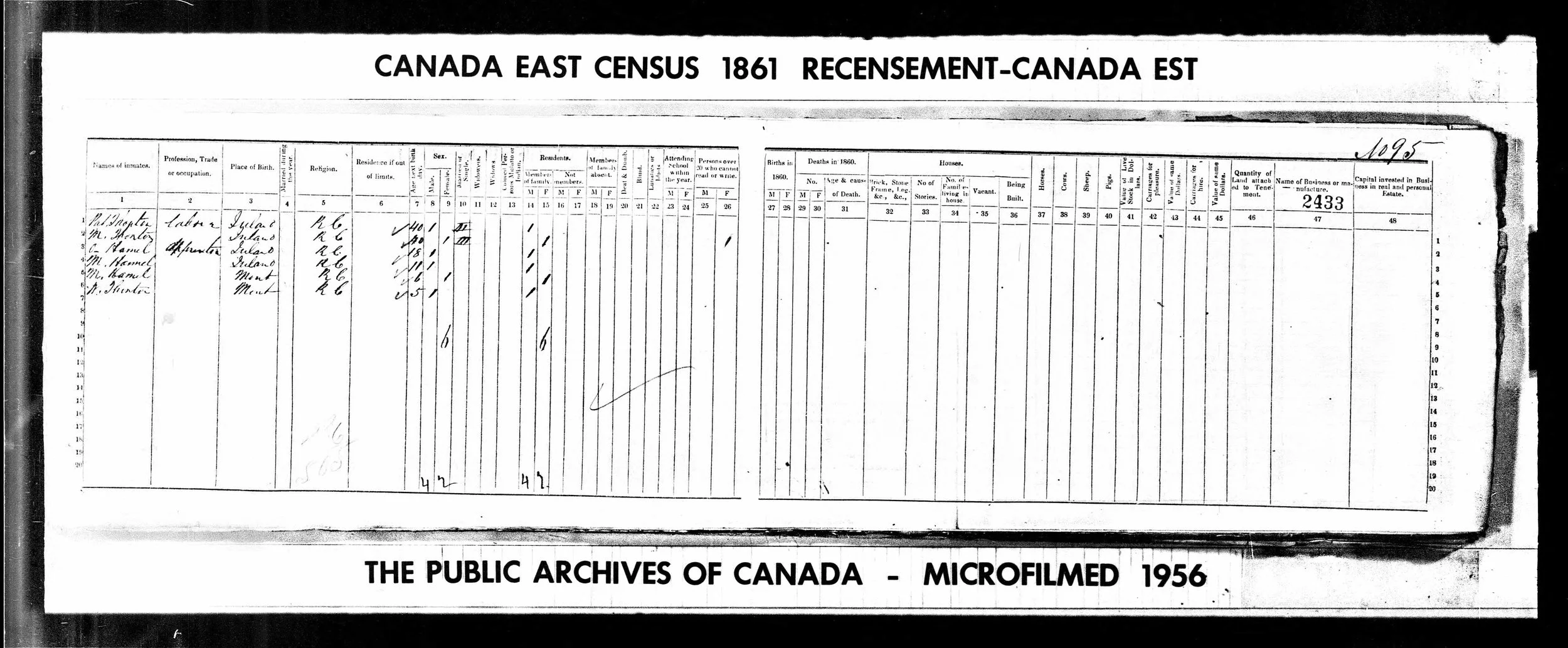 1861 Census of Canada East showing the combined Hamel and Thornton families in Montreal