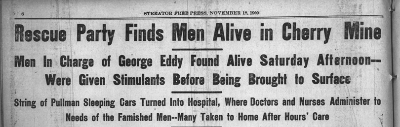 Newspaper clipping: Rescue Party Finds Men Alive in Cherry Mine