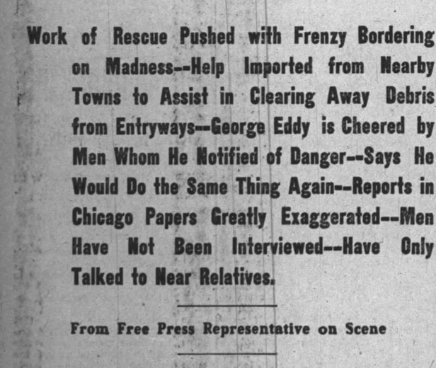 Newspaper clipping: Work of Rescue Pushed with Frenzy Bordering on Madness