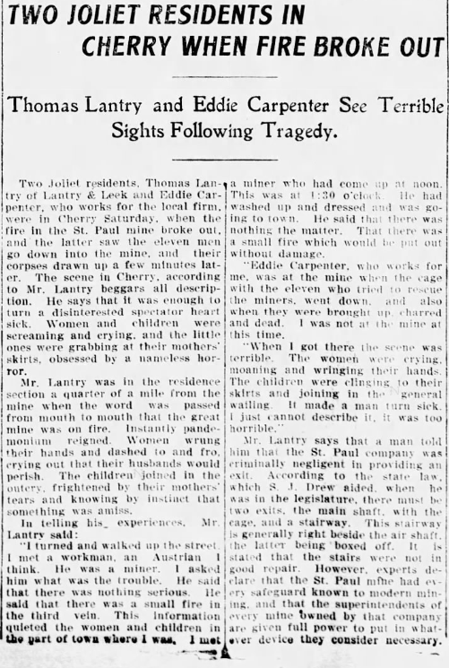 Newspaper clipping: Two Joliet Residents in Cherry When Fire Broke Out