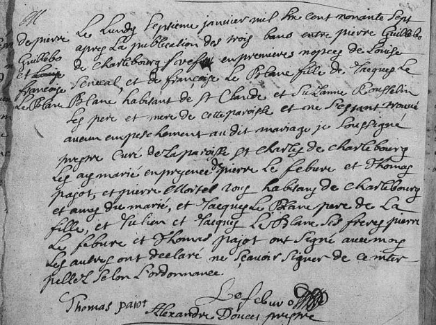 Pierre Guilbault's marriage to Françoise Le Blanc, January 7, 1697