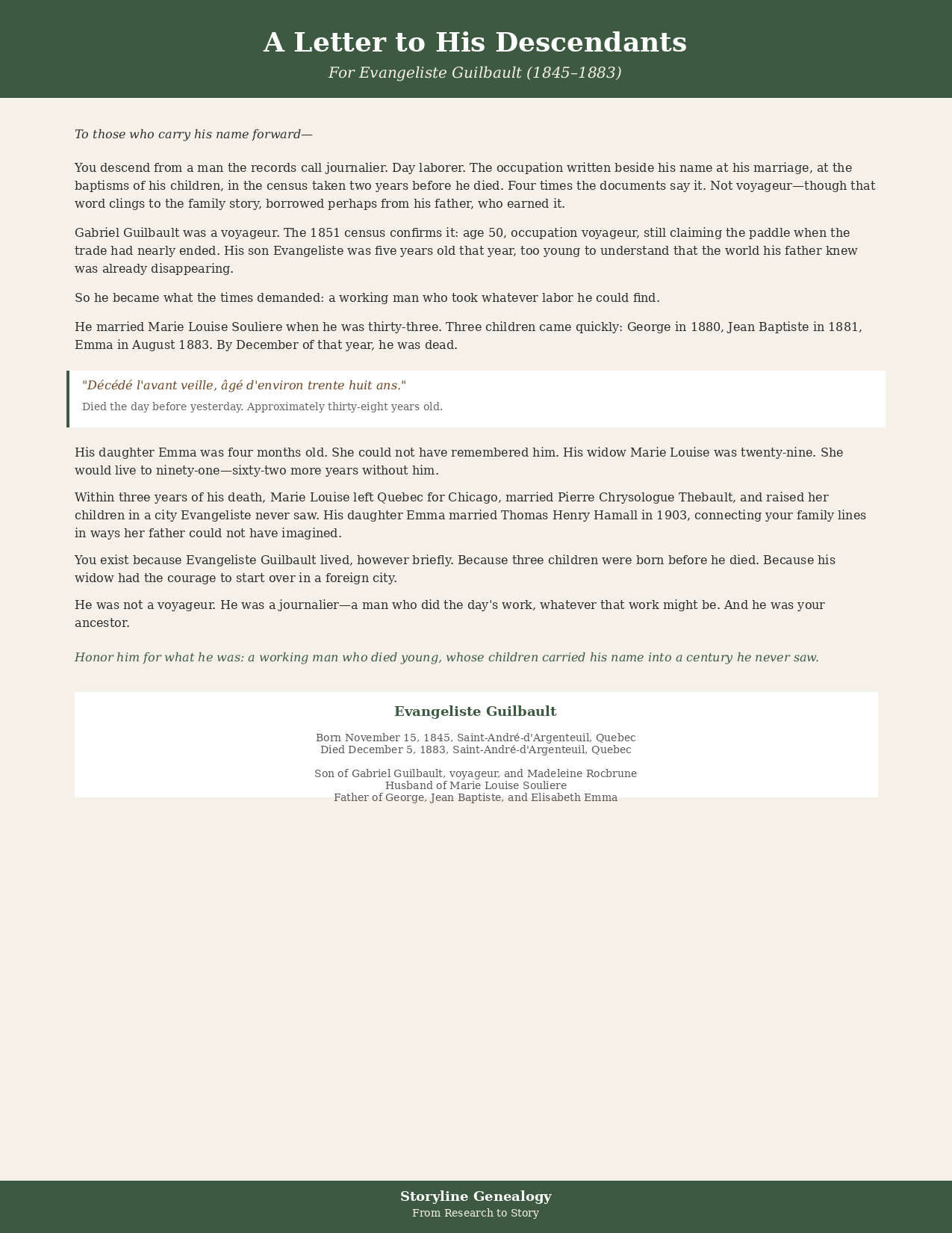 Legacy Keepsake: Evangeliste Guilbault Letter