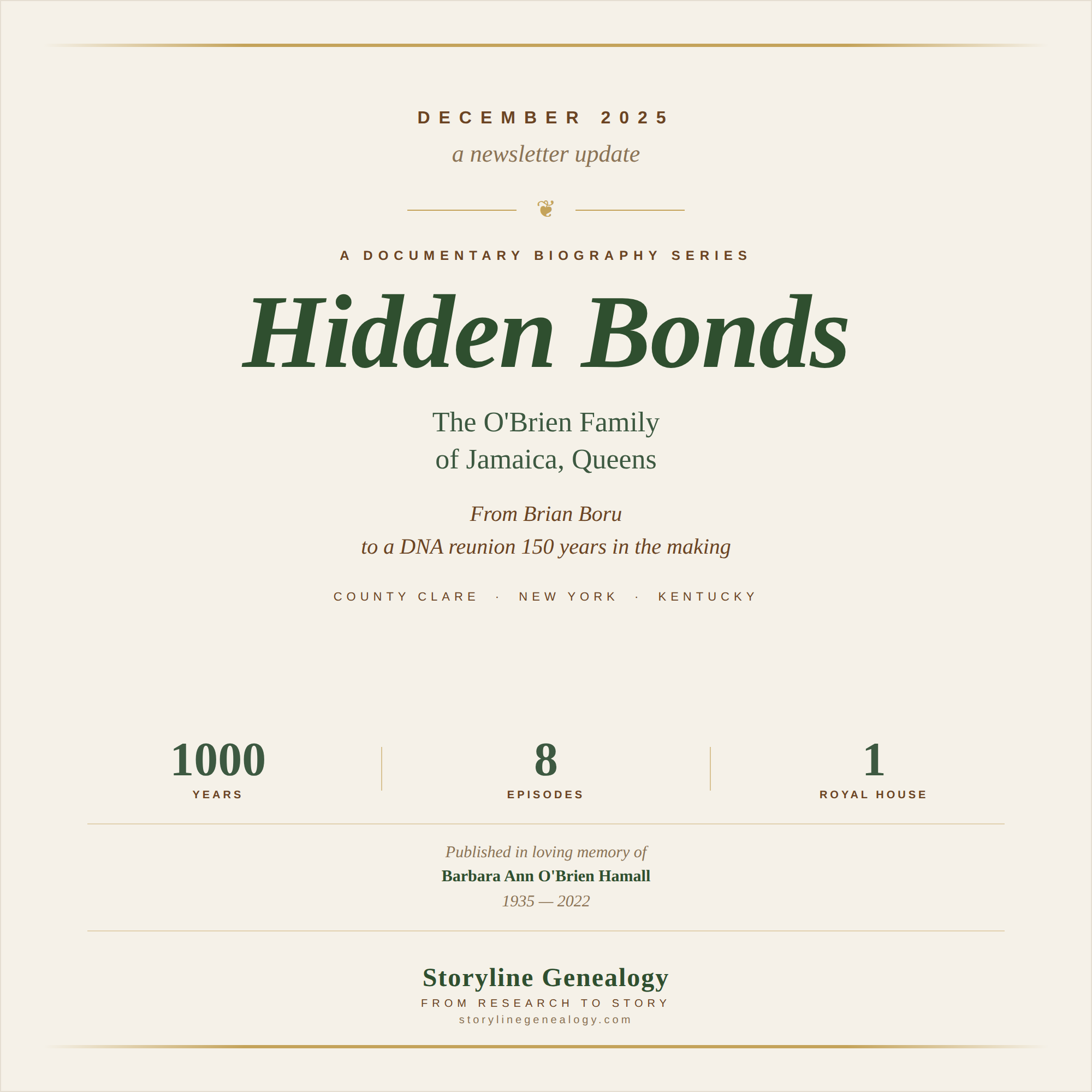 Newsletter : Hidden Bonds Released in Memory of Barbara Ann O'Brien Hamall