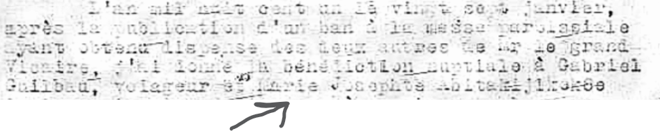 1801 Marriage Record (detail/close-up)
Detail showing the Ojibwe name "Abitakijkok8e" written by the priest