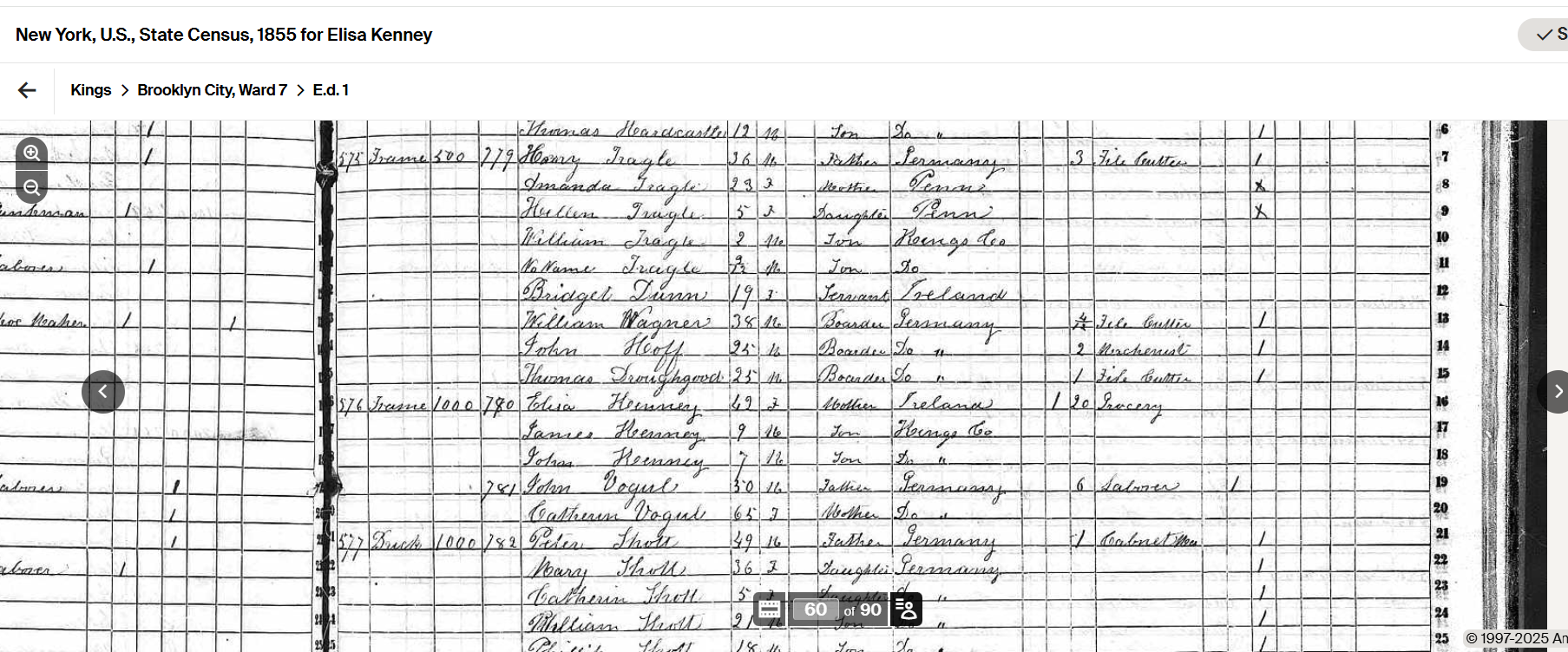 1855 Census Ward 7 New York Kenny John
