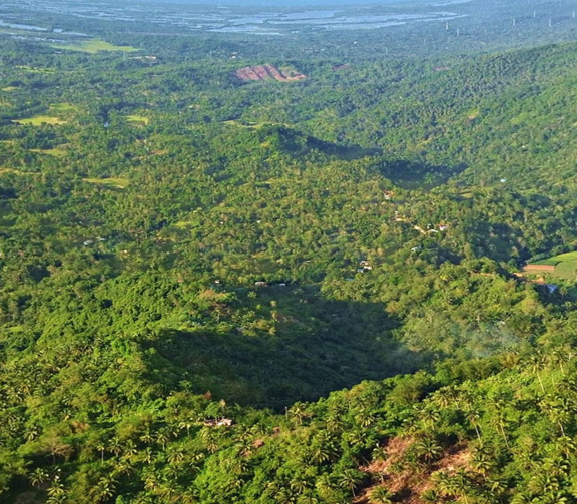 Aerial view of lush green forested mountains and valleys with some open fields and scattered houses.