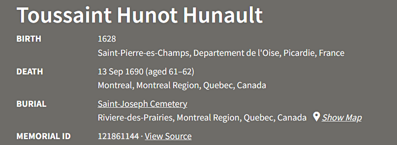 Toussaint Hunault Memorial
September 13, 1690 | Montreal
Murdered by Baron de Blaignac, "run through with sword." Burial record missing (Saint-Joseph registers lost for 1690).