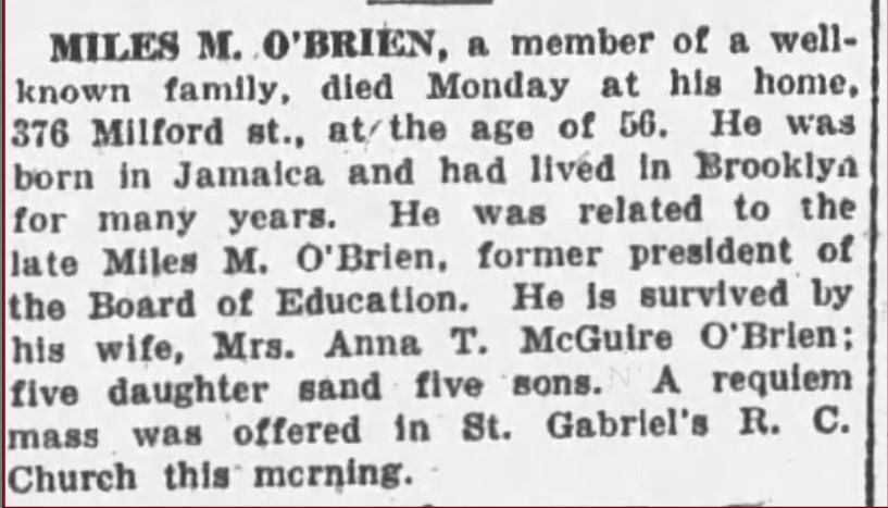 1930 obituary of Miles M. O'Brien noting he was a member of a well-known family