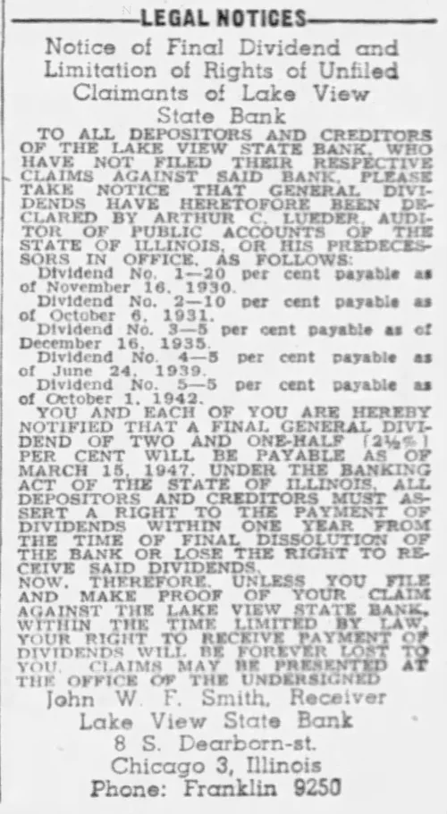Lake View State Bank dividend notice, 1947