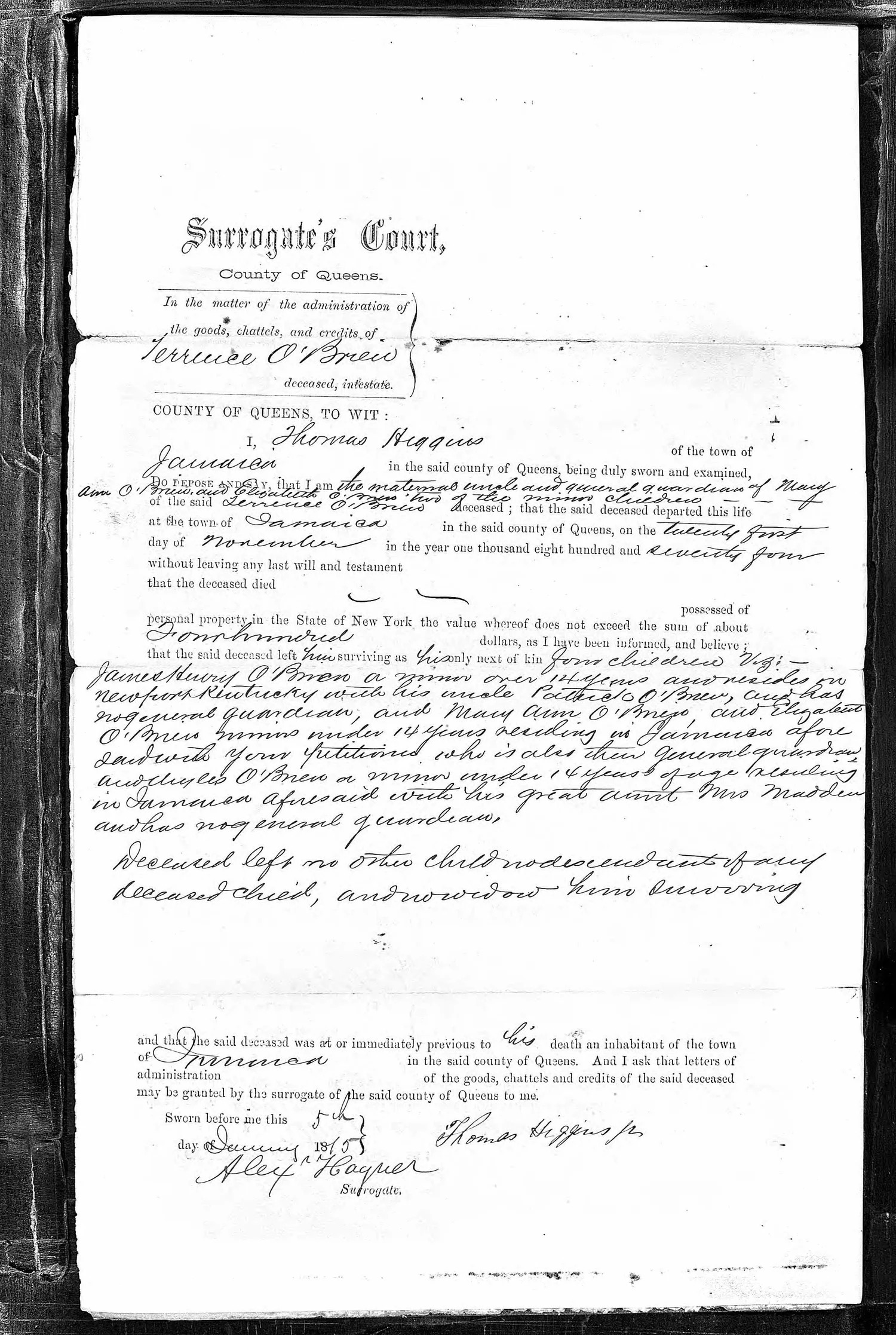 Queens County Surrogate's Court probate document showing the $400 estate