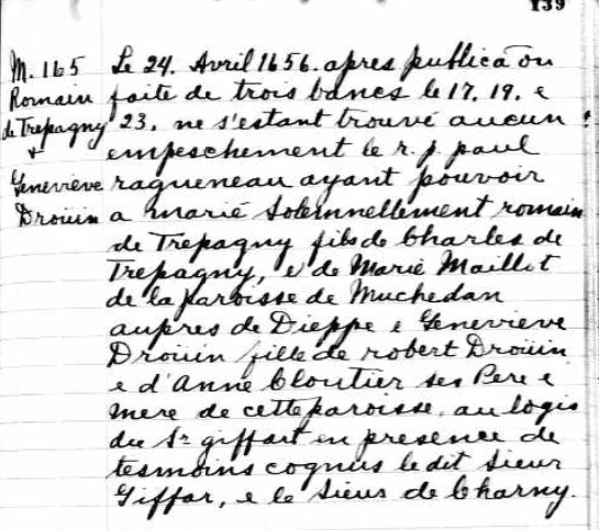 Record of the 1656 marriage of Romain Trepagny and Genevieve Drouin, the link that identified Marie Chapelier's adversary as her own stepdaughter's husband