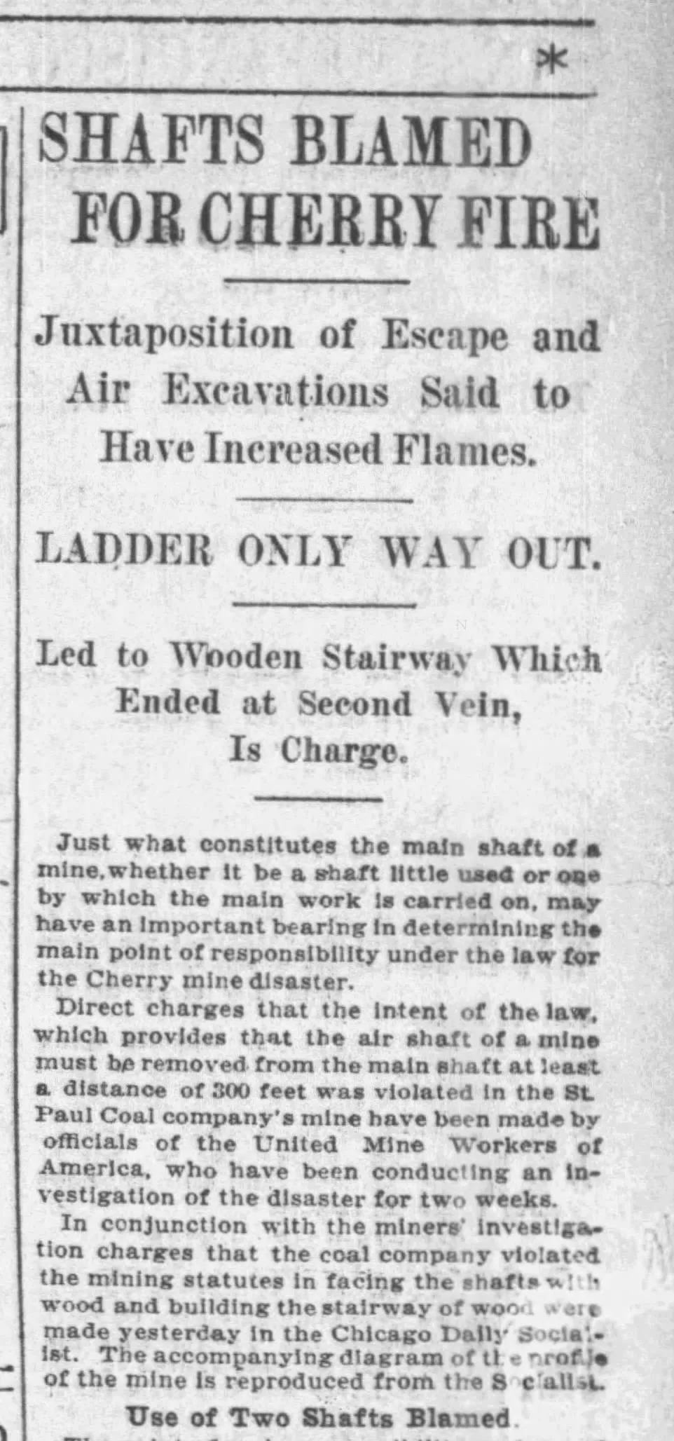 Shafts Blamed For Cherry Fire
Chicago Tribune
Chicago, Illinois · Friday, December 03, 1909