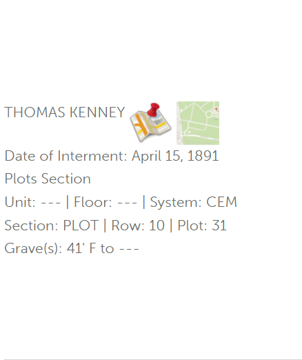 Cemetery plot Thomas Kenney Section PLOT Row 10 Plot 31 Graves 41' to...