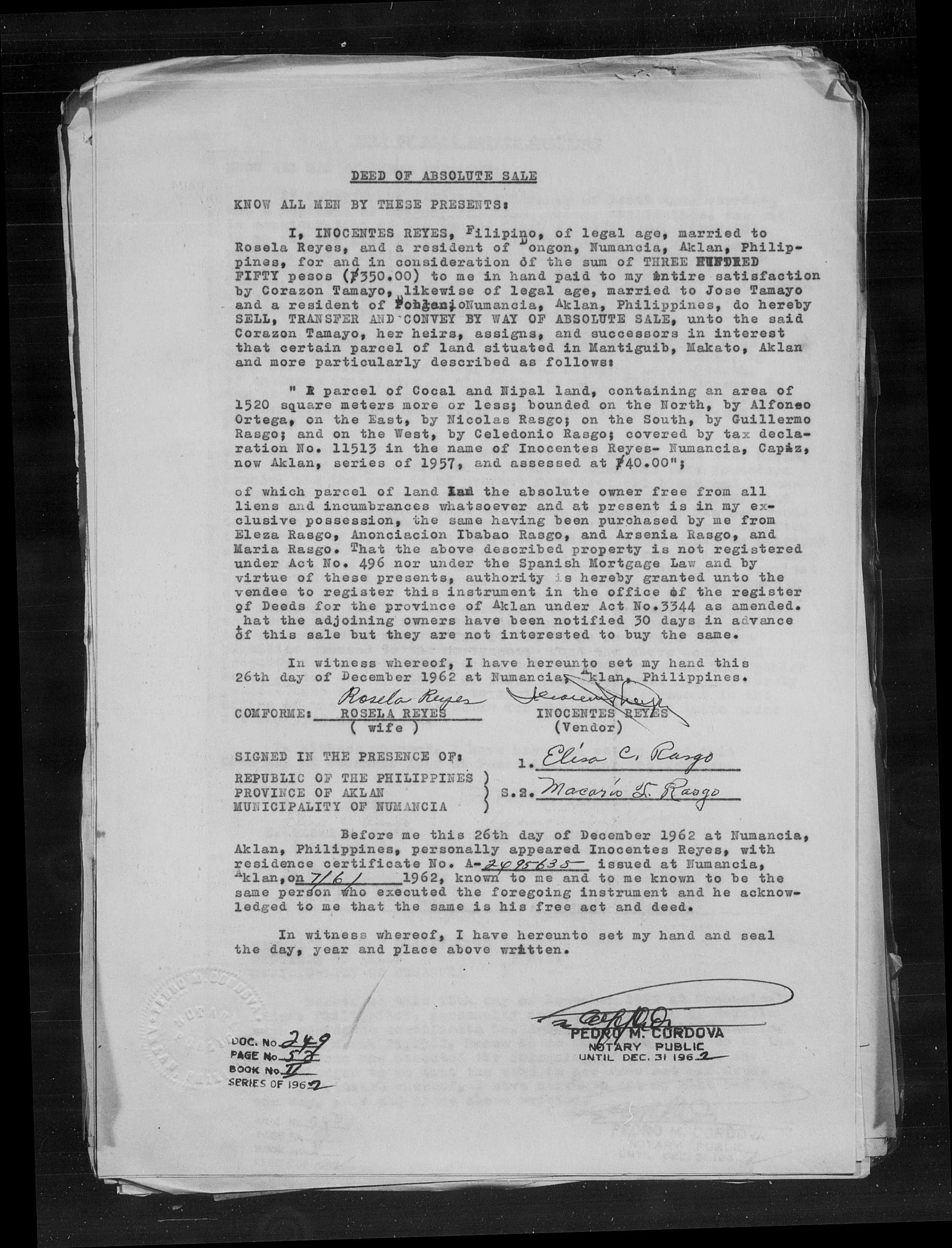1963 Real Estate Mortgage
1963 - Jose and Corazon Tamayo's accumulated substantial agricultural property used as collateral, showing successful multi-generational wealth building