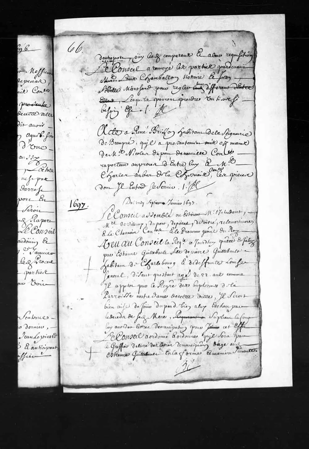 Letters of emancipation granted to Étienne Guilbault, age 22, January 7, 1697