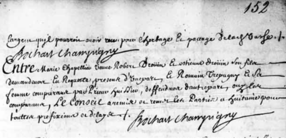 The December 1696 Sovereign Council final judgment dismissing the appeal, with costs awarded to the appellant, in favor of Etienne Drouin and Marie Chapelier