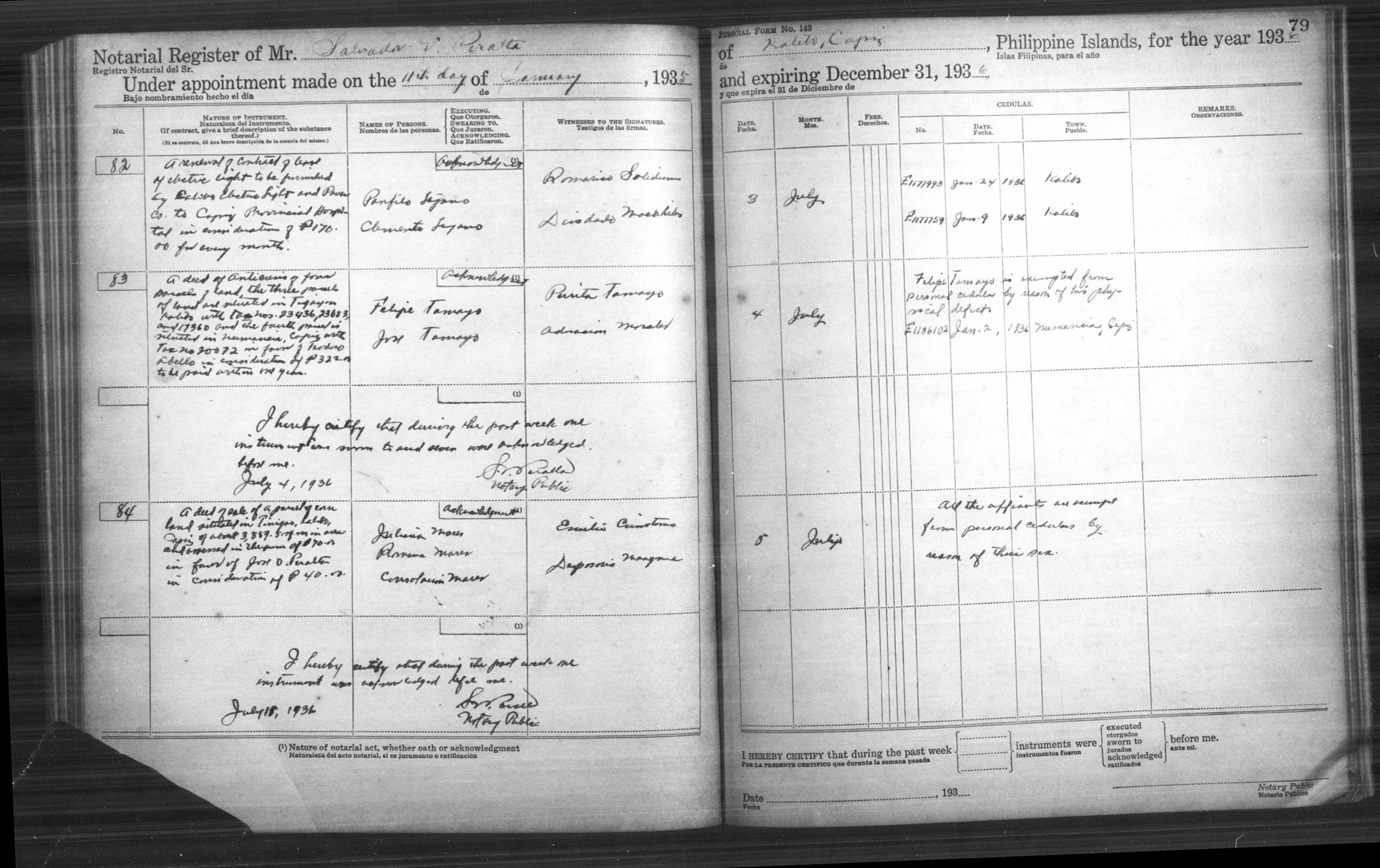 1936 Residence Certificate Felipe Tamayo
January 2, 1936, Numancia, Capiz - Felipe Tamayo's residence certificate noting his exemption from personal cédulas due to physical defects, providing rare documentation of colonial-era disability accommodatio