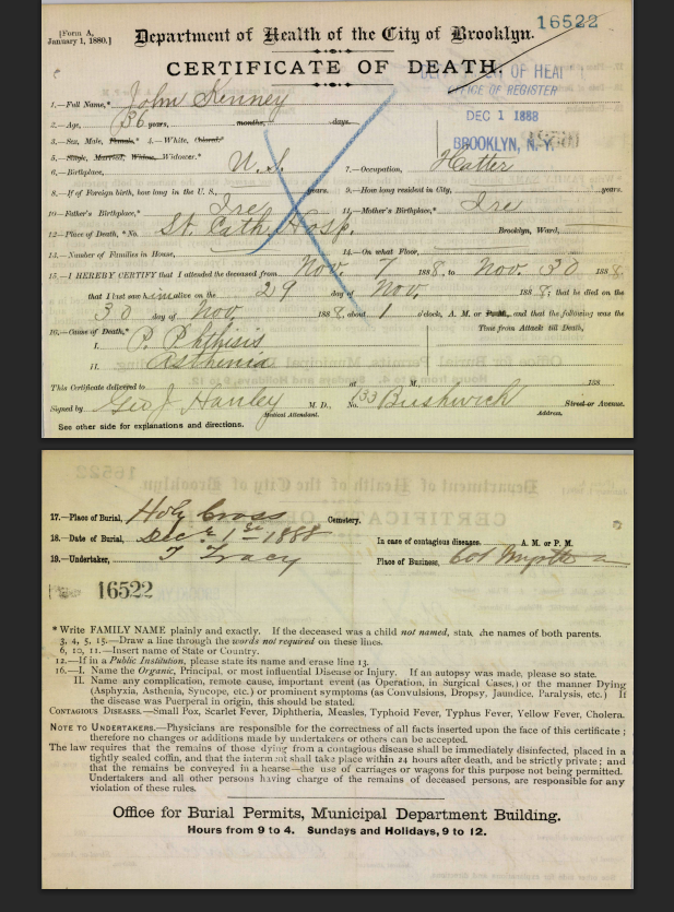 1888 Death Certificate John Kenny occupation "hatter"