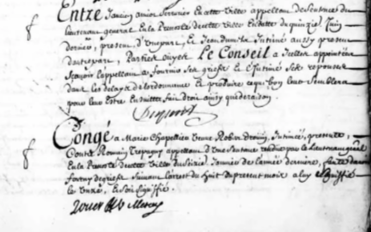 A Sovereign Council register entry naming Marie Chapelier, widow of Robert Drouin, as a party in the donation litigation